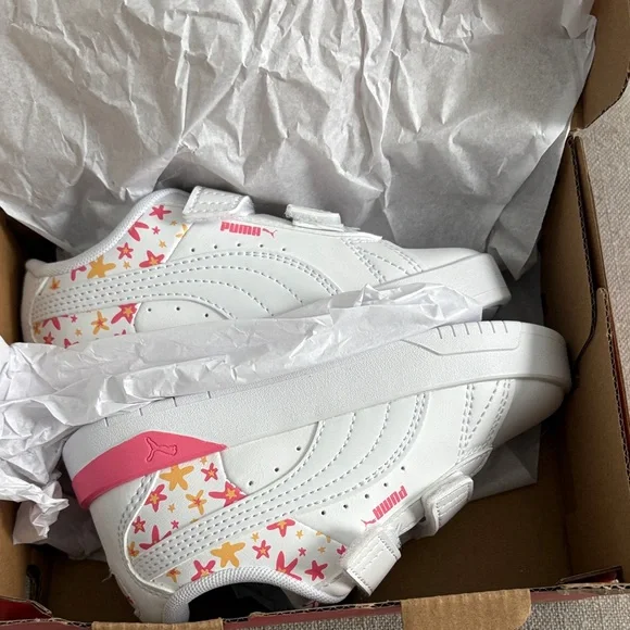 Puma Kids White Sneakers with Pink and Orange Accents - Picture 3 of 5